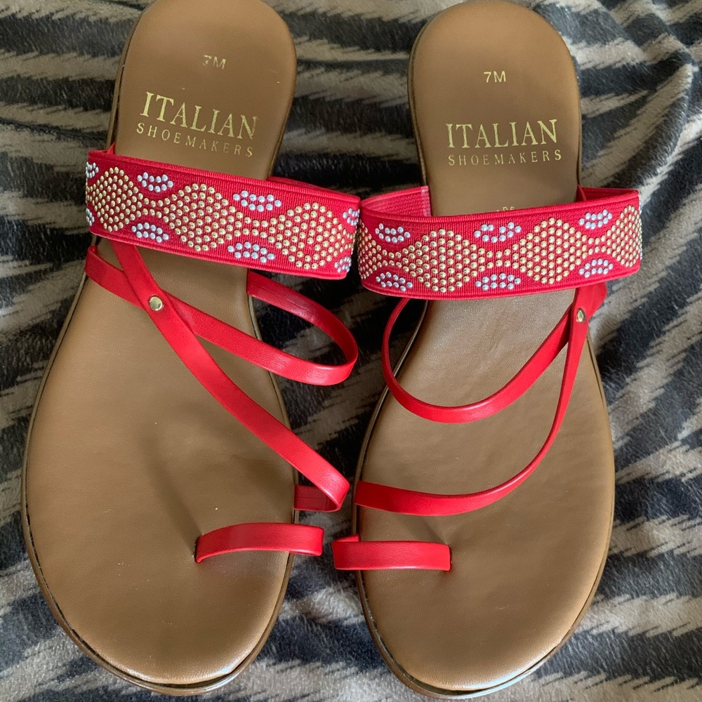 Red and brown wedged sandals